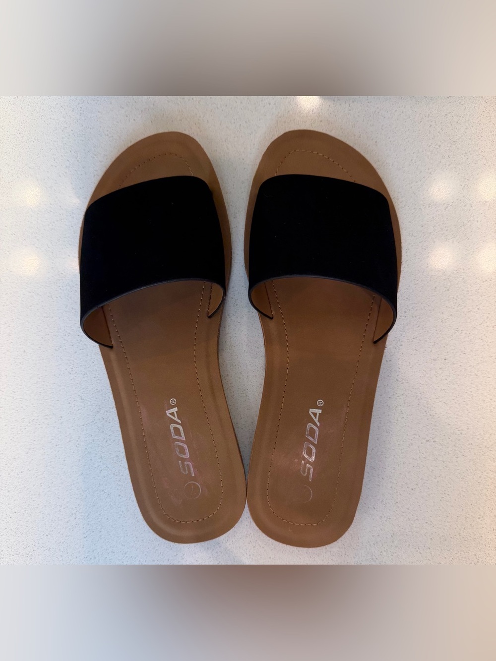 Soda Black Slide Sandals with Brown Footbed